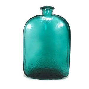 Vintage Vidrios de Levante Hand Blown Teal Glass Flask Bottle Filigree